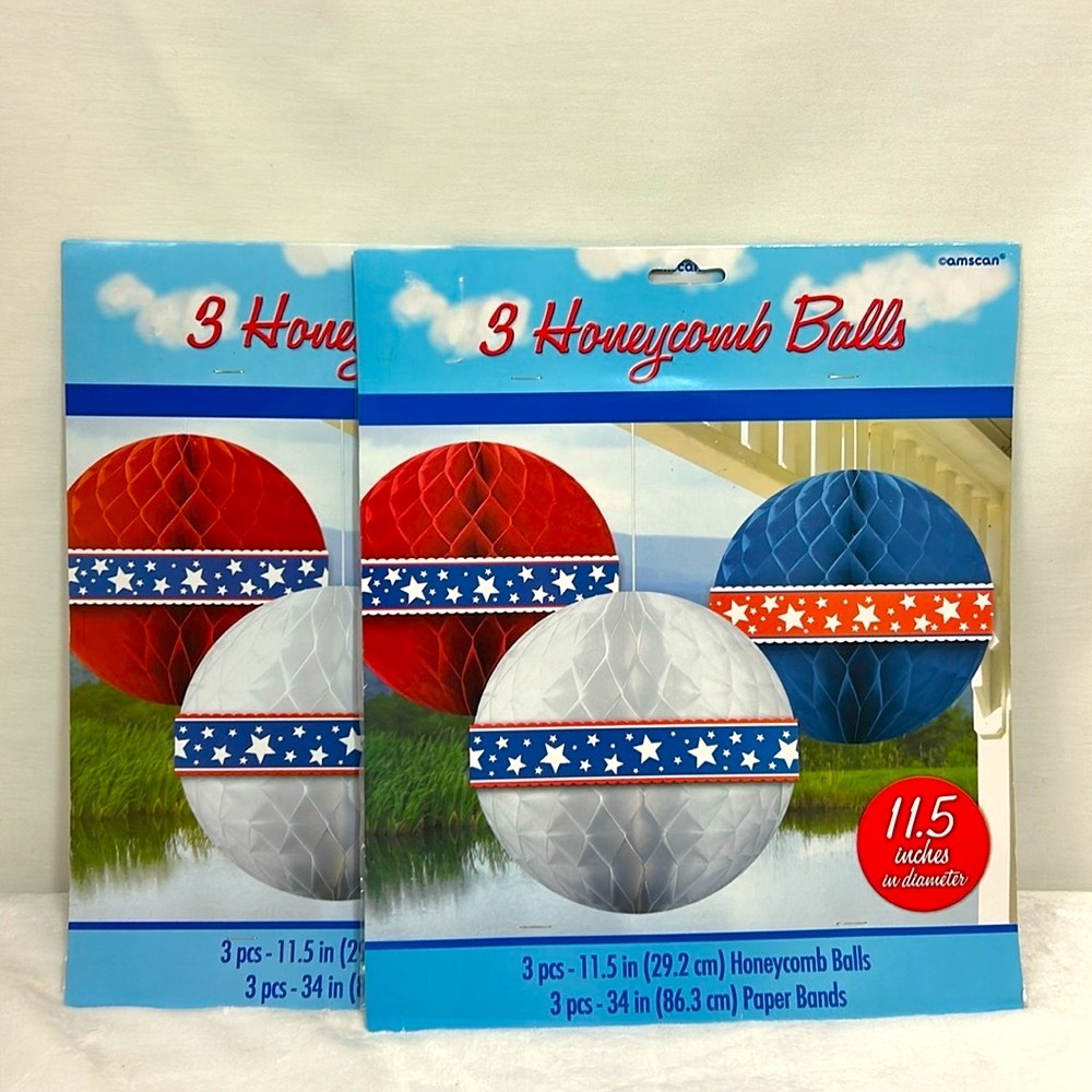 Amscan Red, White & Blue Honeycomb Ball Decorations   2 packages of 3 - NIP